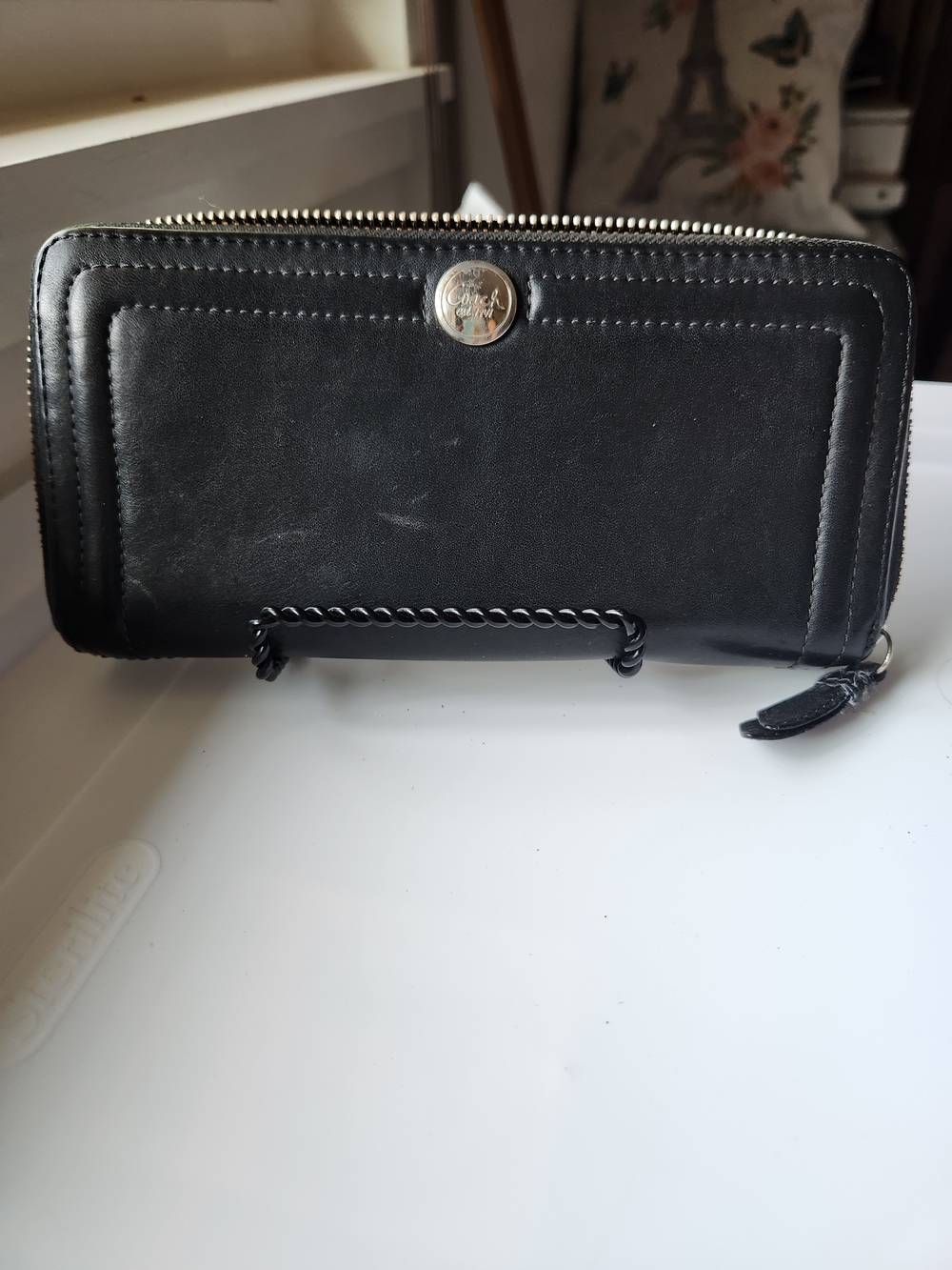 Vintage Coach Black Leather Whipstitch Zip Around Accordion Continental Wallet